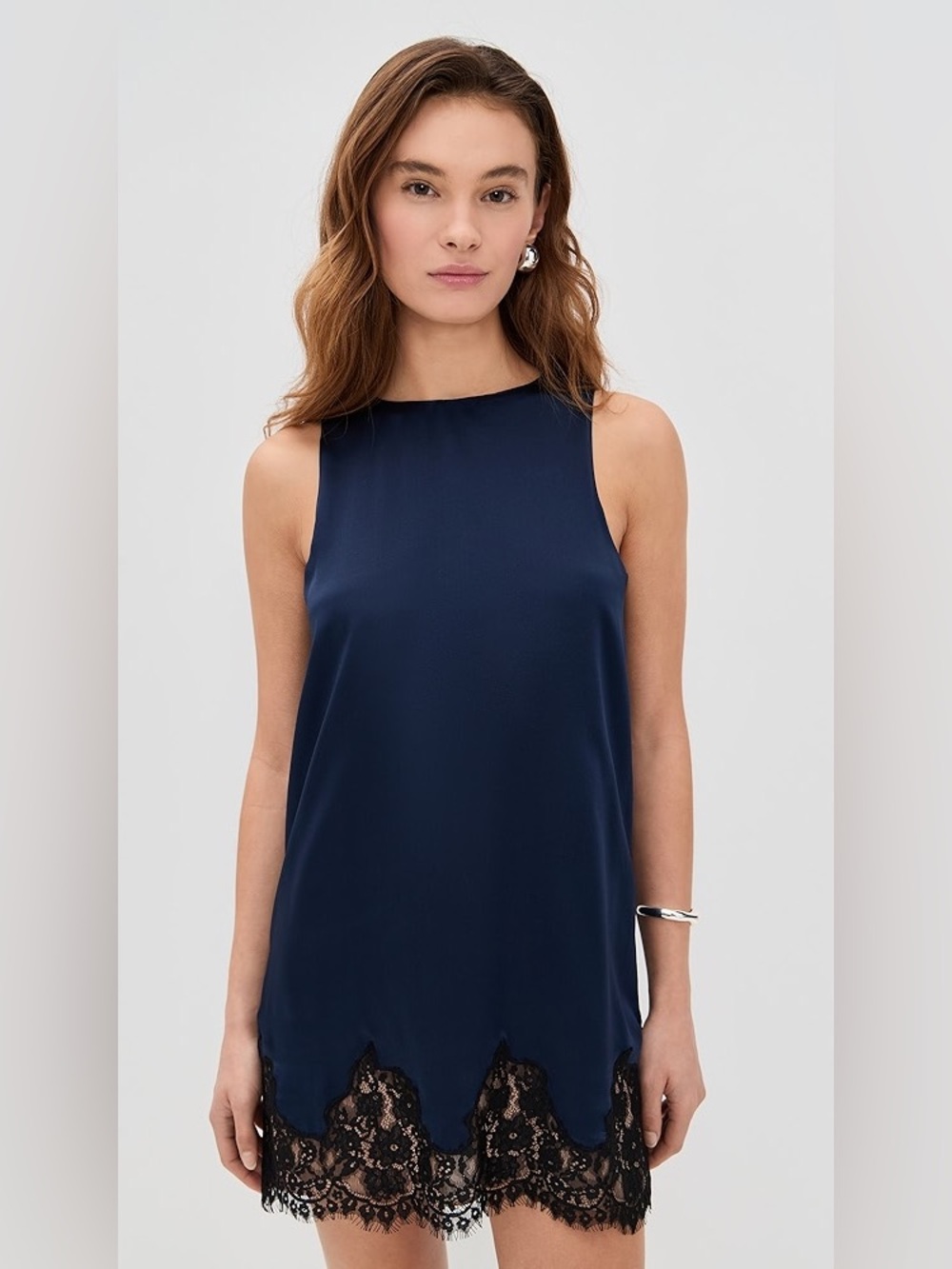 Reformation Jessalyn silk shift mini dress with lace trim in navy blue black